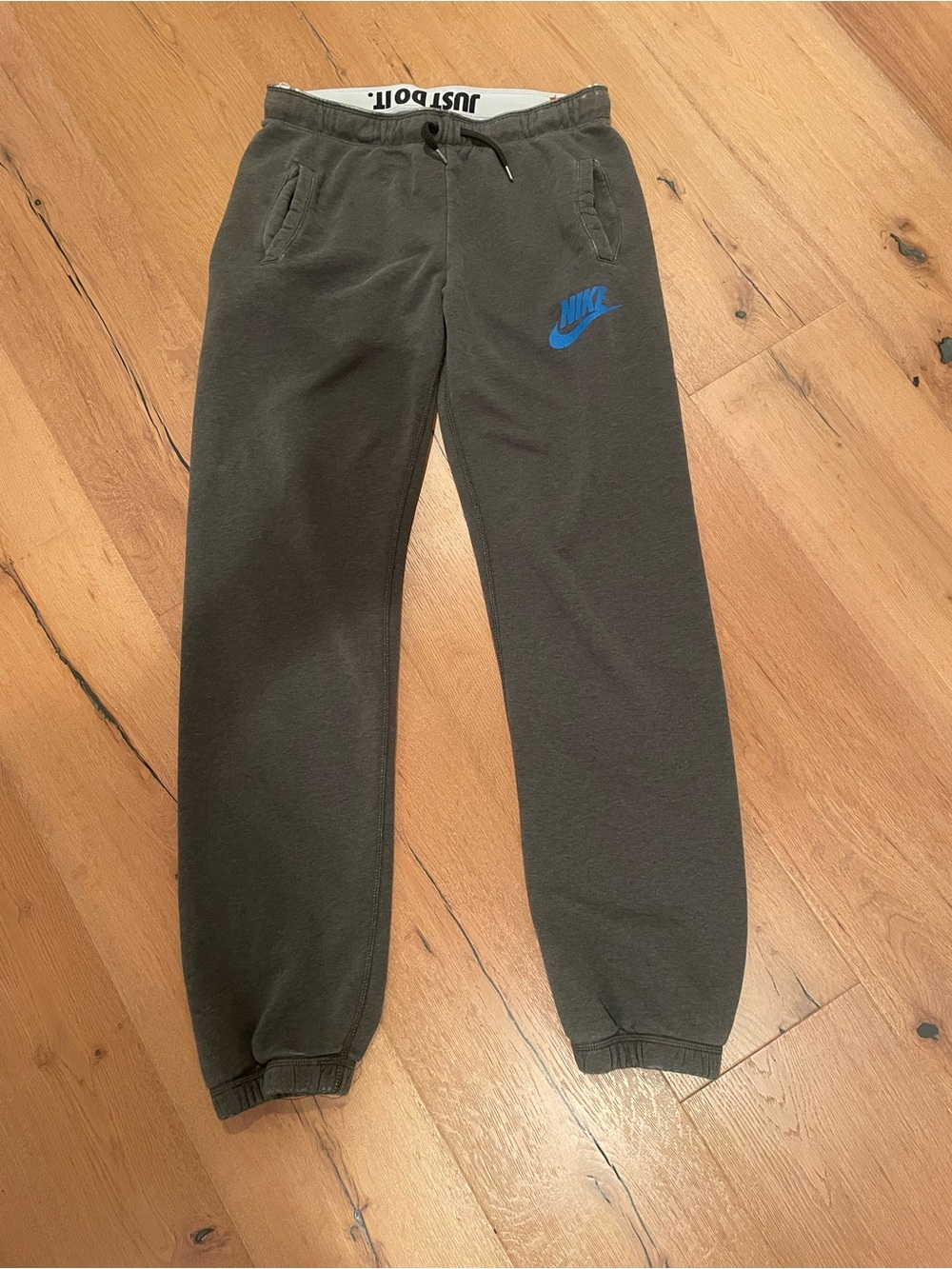 Nike Olive Green Gray Sweatpants with Blue Swoosh Logo